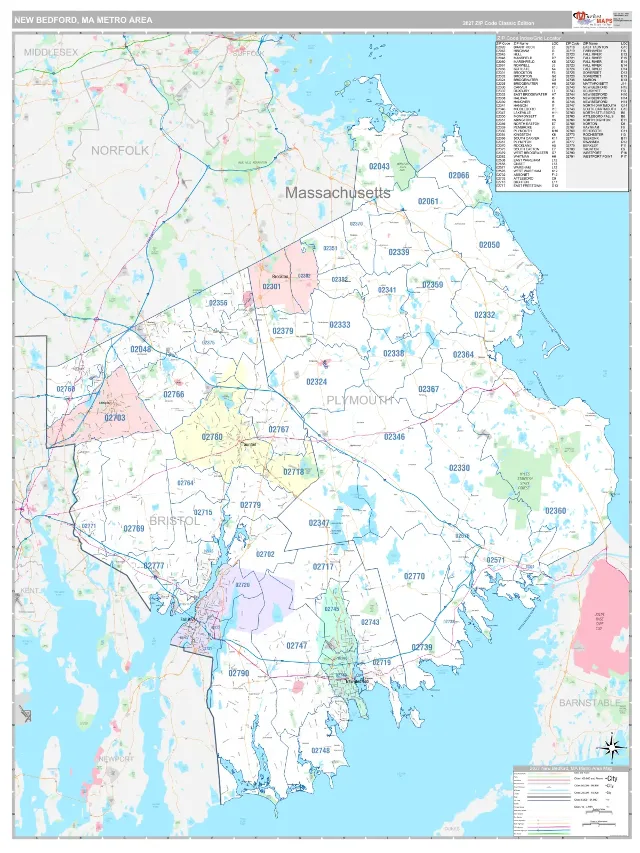 New Bedford Metro Area ZIP Code Wall Map, Classic style