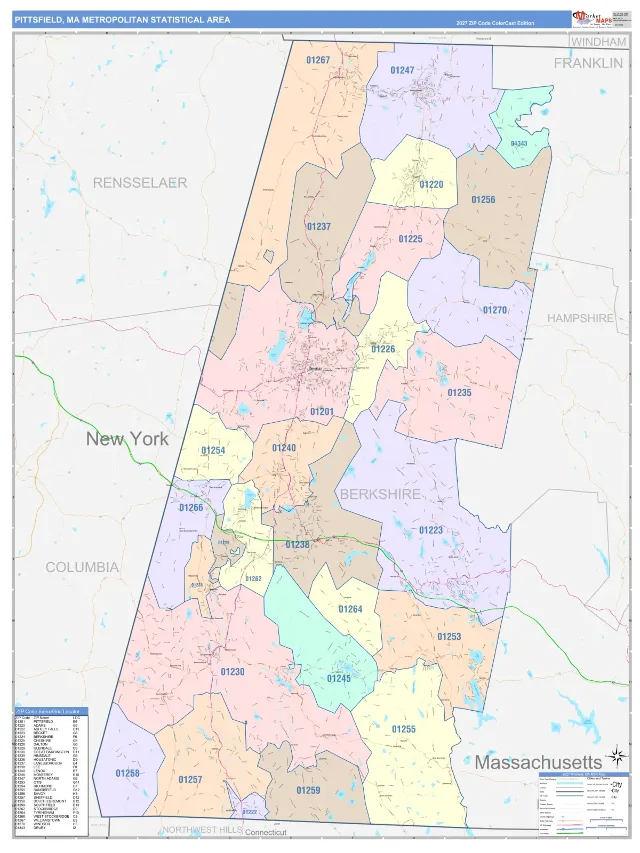 Pittsfield Metro Area ZIP Code Wall Map, ColorCast style