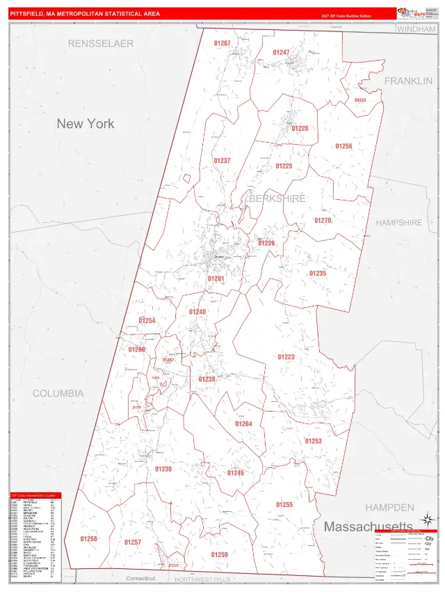 Pittsfield Metro Area ZIP Code Wall Map, RedLine style