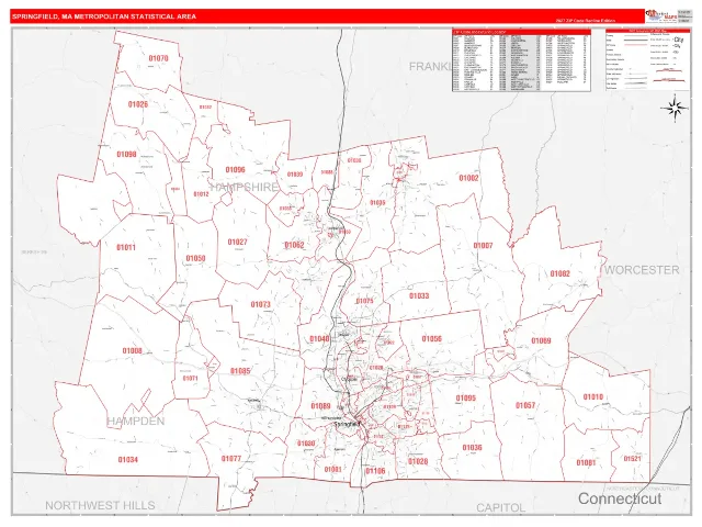 Springfield Metro Area ZIP Code Wall Map, RedLine style