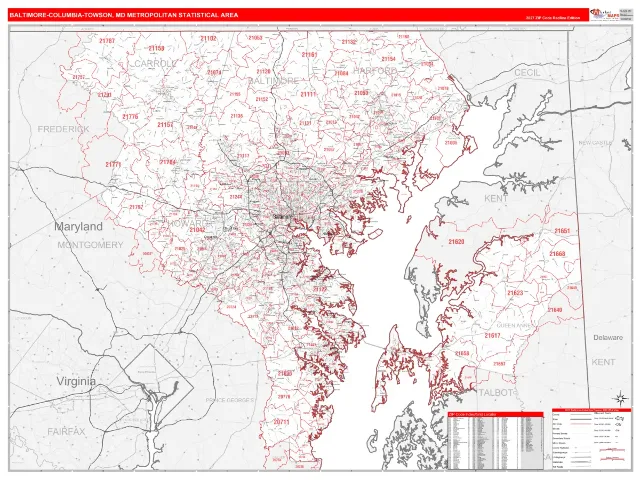 Baltimore-Columbia-Towson Metro Area ZIP Code Wall Map, RedLine style