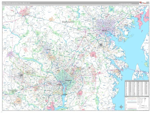 Baltimore-Washington Metro Area ZIP Code Wall Map, Classic style