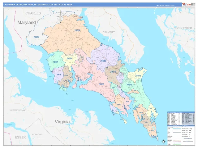 California-Lexington Park Metro Area ZIP Code Wall Map, ColorCast style