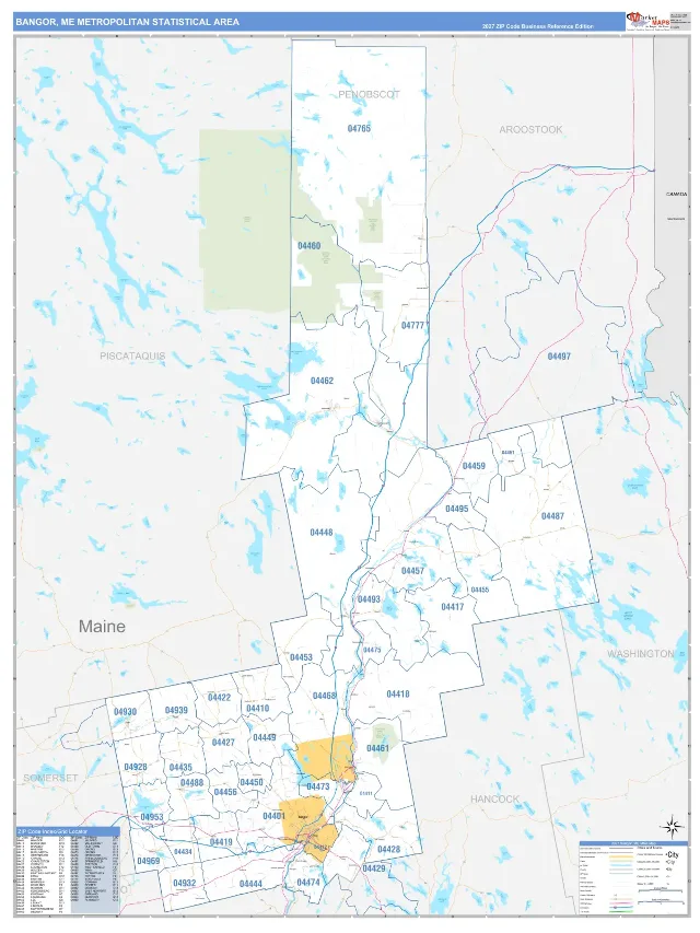 Bangor Metro Area ZIP Code Wall Map, Business Reference style