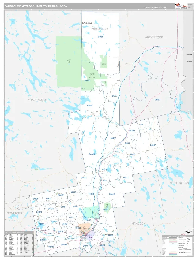 Bangor Metro Area ZIP Code Wall Map, Classic style