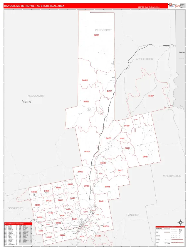 Bangor Metro Area ZIP Code Wall Map, RedLine style
