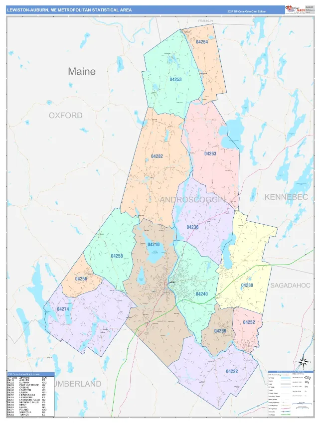 Lewiston-Auburn Metro Area ZIP Code Wall Map, ColorCast style