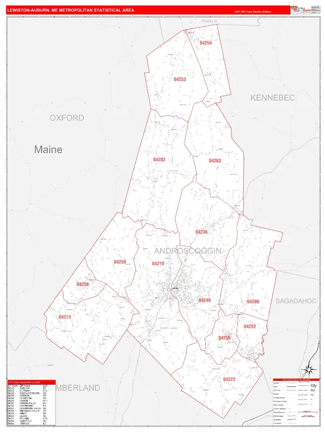 Lewiston-Auburn Metro Area ZIP Code Wall Map, RedLine style