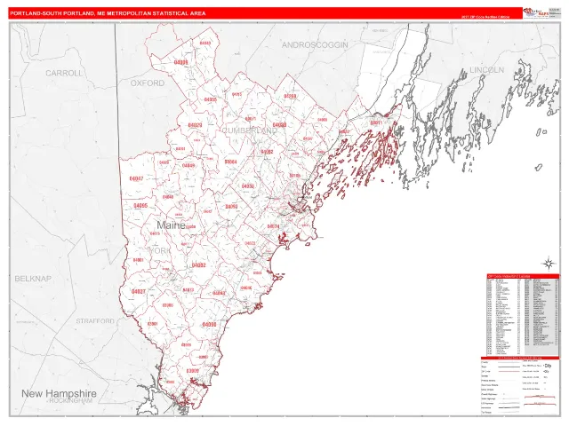 Portland-South Portland Metro Area ZIP Code Wall Map, RedLine style