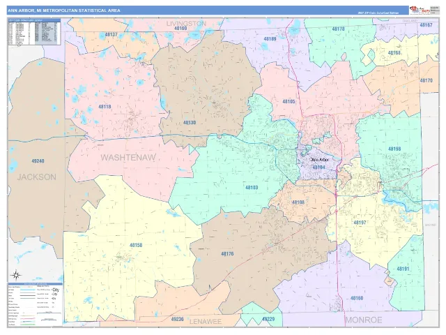 Ann Arbor Metro Area ZIP Code Wall Map, ColorCast style