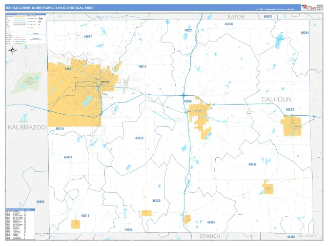Battle Creek Metro Area ZIP Code Wall Map, Business Reference style