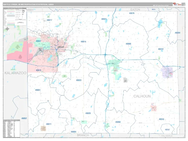 Battle Creek Metro Area ZIP Code Wall Map, Classic style