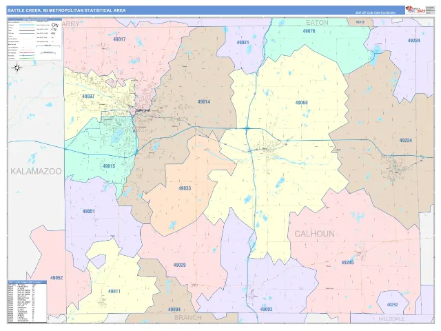 Battle Creek Metro Area ZIP Code Wall Map, ColorCast style