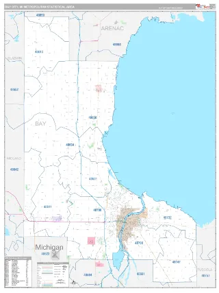 Bay City Metro Area Classic style ZIP Code wall map