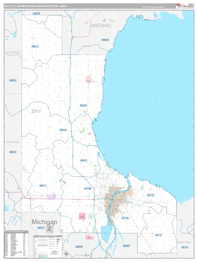 Bay City Metro Area ZIP Code Wall Map, Classic style