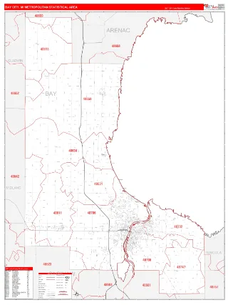 Bay City Metro Area RedLine style ZIP Code wall map