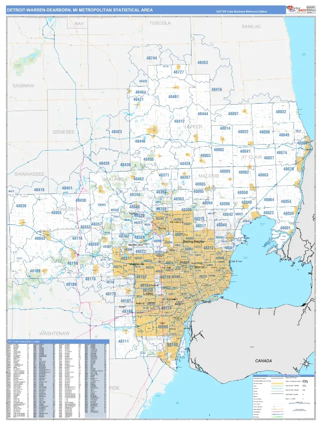 Detroit-Warren-Dearborn Metro Area ZIP Code Wall Map, Business Reference style