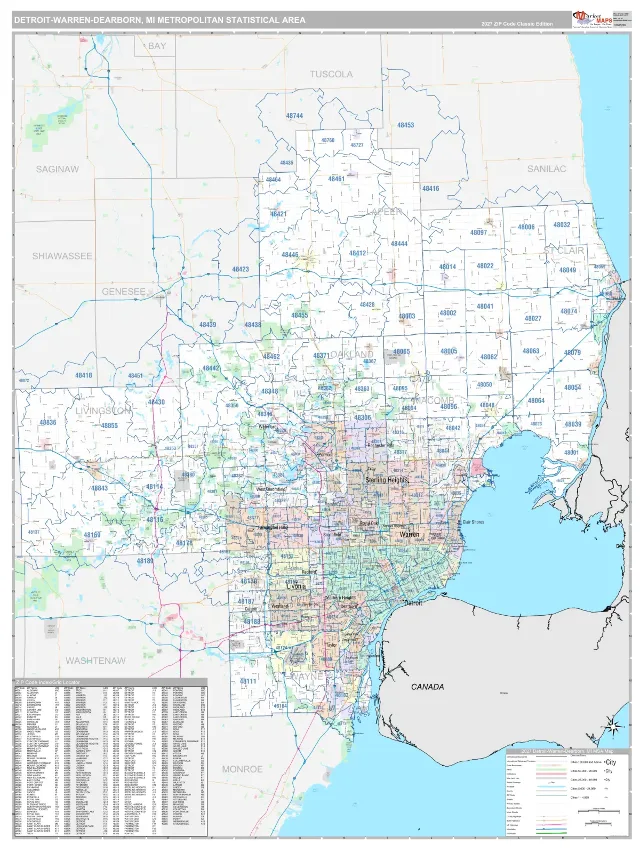Detroit-Warren-Dearborn Metro Area ZIP Code Wall Map, Classic style