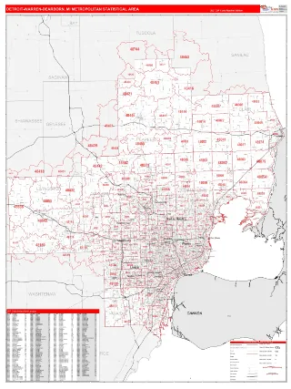 Detroit-Warren-Dearborn Metro Area RedLine style ZIP Code wall map