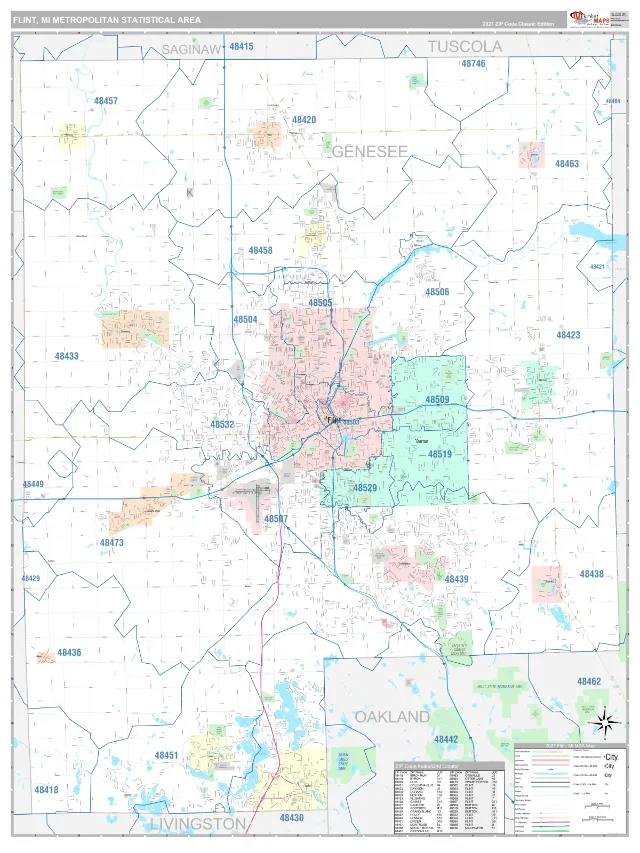 Flint Metro Area ZIP Code Wall Map, Classic style