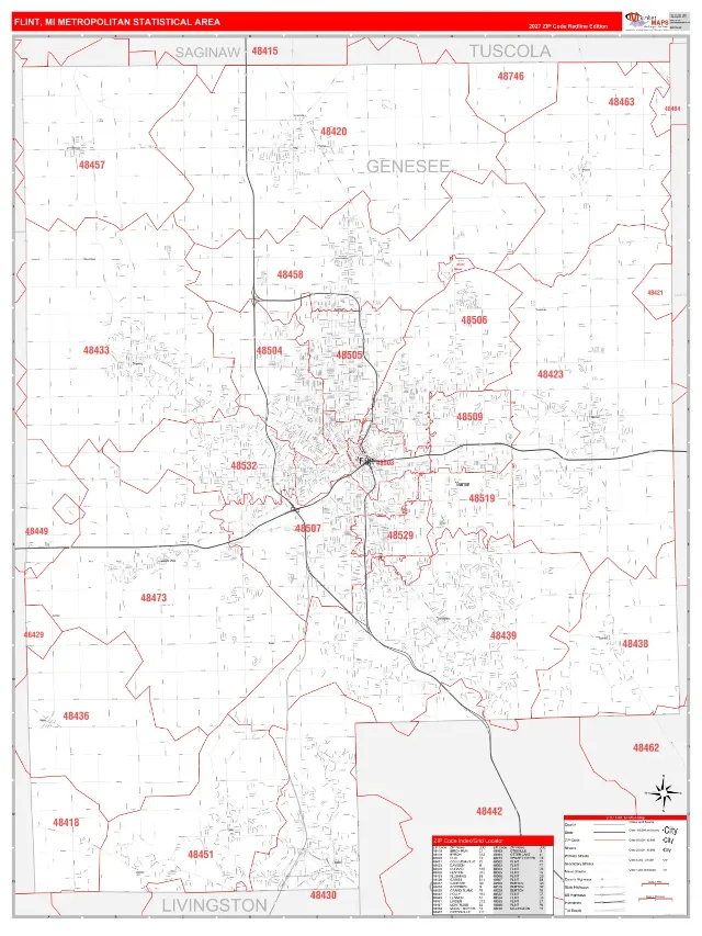 Flint Metro Area ZIP Code Wall Map, RedLine style