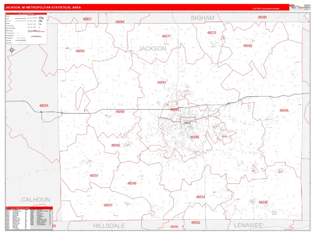 Jackson Metro Area ZIP Code Wall Map, RedLine style