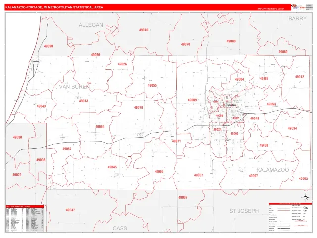 Kalamazoo-Portage Metro Area ZIP Code Wall Map, RedLine style