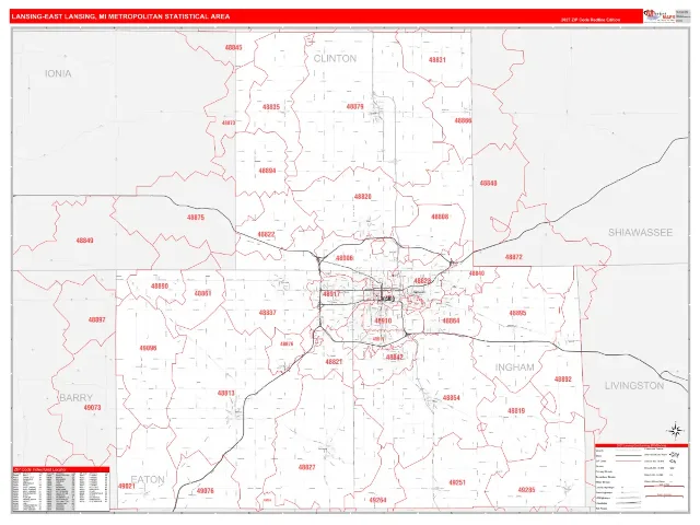 Lansing-East Lansing Metro Area ZIP Code Wall Map, RedLine style