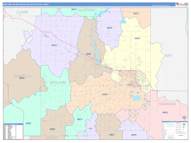 Midland Metro Area ZIP Code Wall Map, ColorCast style