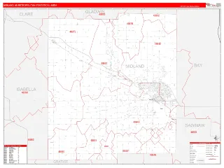 Midland Metro Area RedLine style ZIP Code wall map