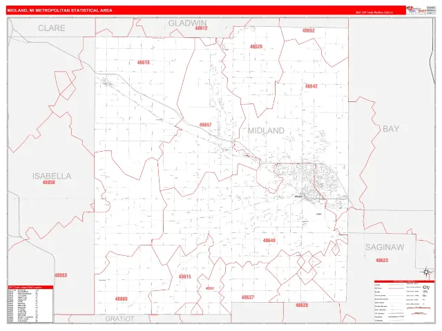 Midland Metro Area ZIP Code Wall Map, RedLine style