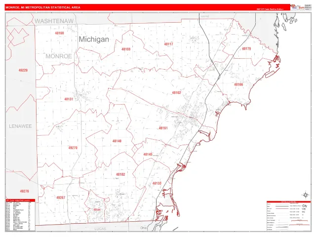 Monroe Metro Area ZIP Code Wall Map, RedLine style