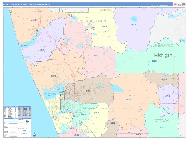 Muskegon Metro Area ZIP Code Wall Map, ColorCast style
