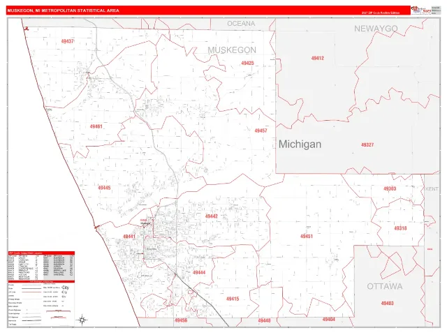 Muskegon Metro Area ZIP Code Wall Map, RedLine style