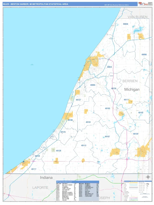 Niles-Benton Harbor Metro Area ZIP Code Wall Map, Business Reference style