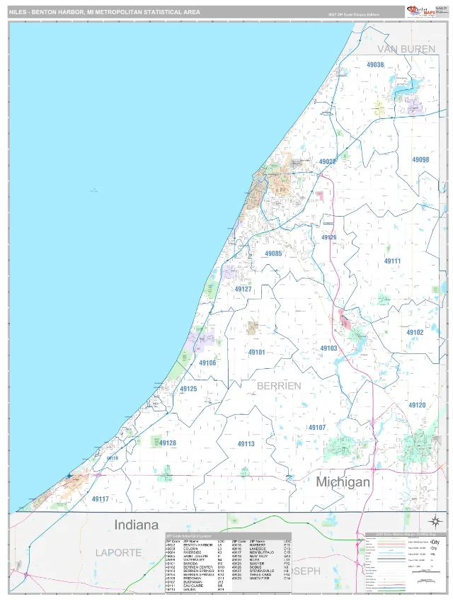 Niles-Benton Harbor Metro Area ZIP Code Wall Map, Classic style