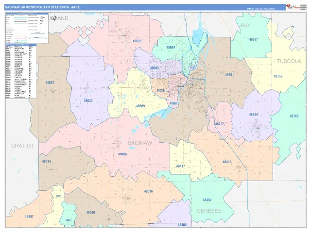 Saginaw Metro Area ZIP Code Wall Map, ColorCast style