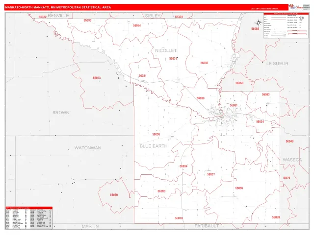 Mankato-North Mankato Metro Area ZIP Code Wall Map, RedLine style
