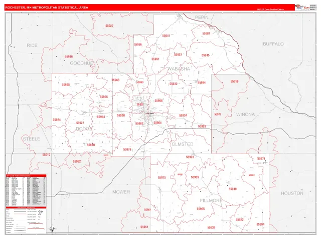Rochester Metro Area ZIP Code Wall Map, RedLine style