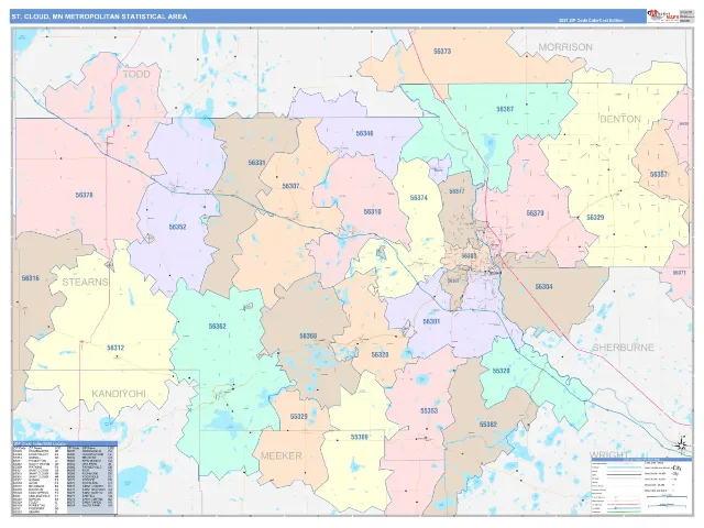 St. Cloud Metro Area ZIP Code Wall Map, ColorCast style