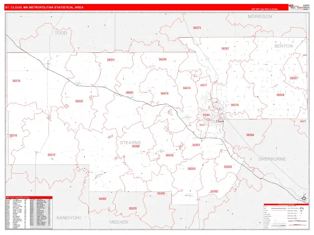 St. Cloud Metro Area ZIP Code Wall Map, RedLine style
