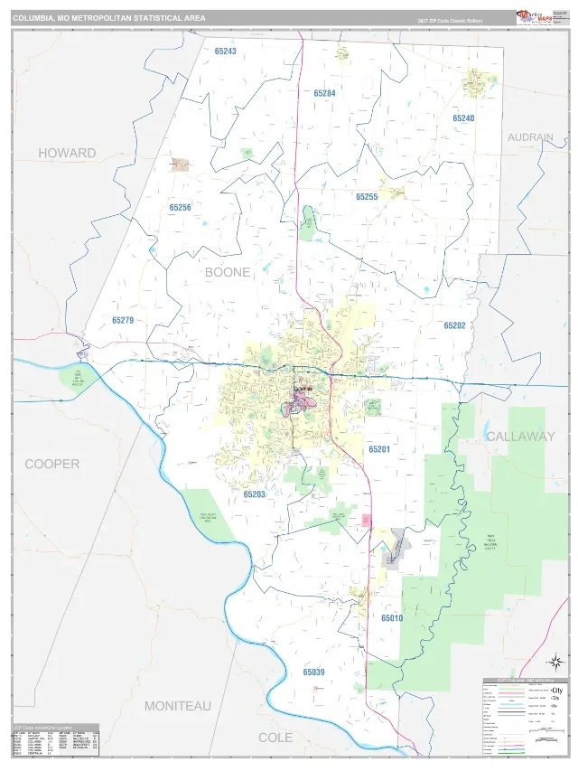 Columbia Metro Area ZIP Code Wall Map, Classic style
