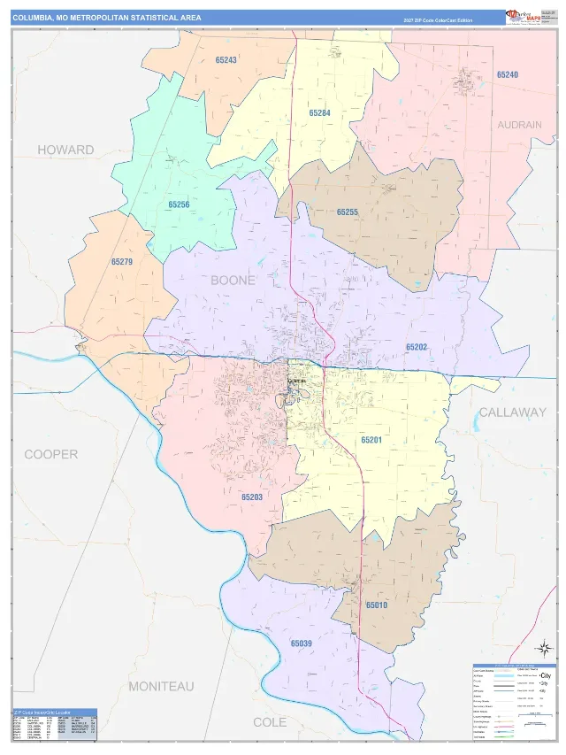 Columbia Metro Area ZIP Code Wall Map, ColorCast style