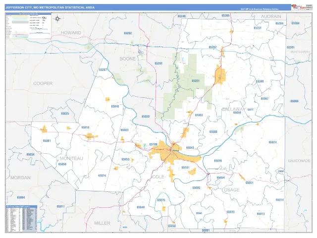 Jefferson City Metro Area ZIP Code Wall Map, Business Reference style