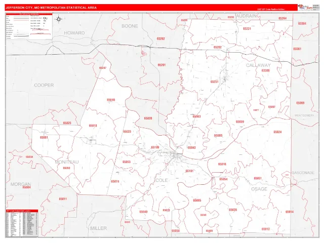 Jefferson City Metro Area ZIP Code Wall Map, RedLine style