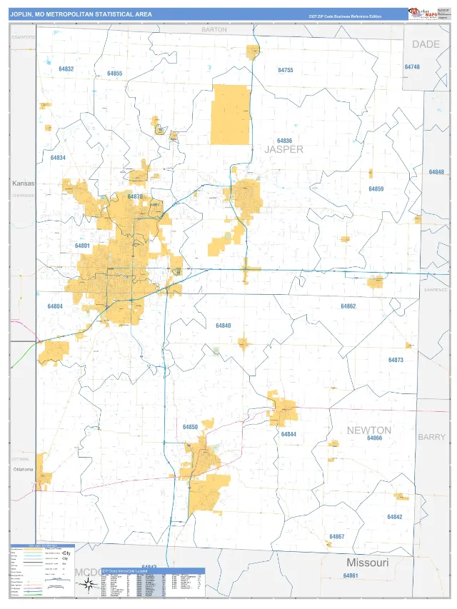 Joplin Metro Area ZIP Code Wall Map, Business Reference style