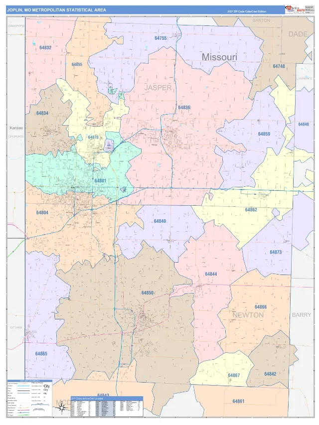 Joplin Metro Area ZIP Code Wall Map, ColorCast style
