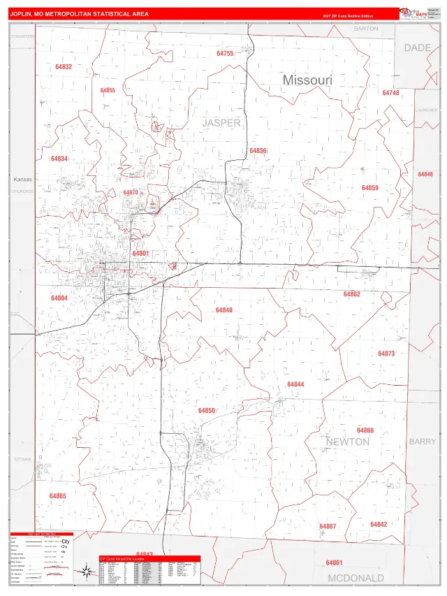 Joplin Metro Area ZIP Code Wall Map, RedLine style