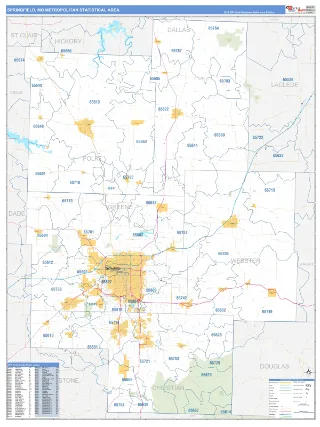 Springfield Metro Area Business Reference style ZIP Code wall map