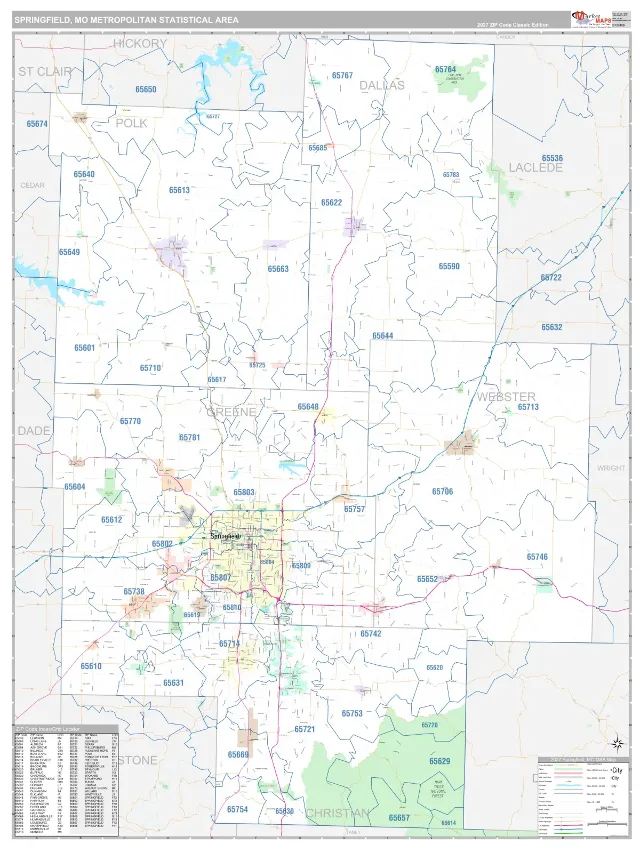 Springfield Metro Area ZIP Code Wall Map, Classic style